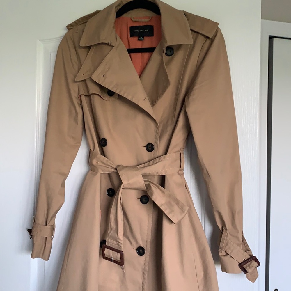 Ann Taylor Beige Trench Coat Orange Lining Size M